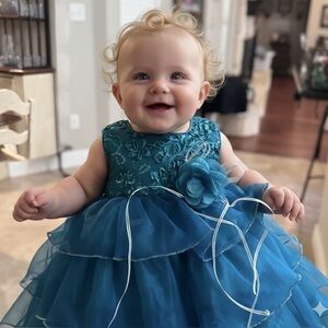 Vintage Elegant Teal infant Dress with Floral Details
